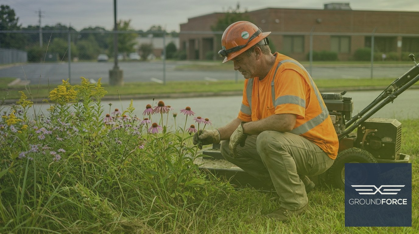 A vegetation management worker crouching to inspect native flowering forbs along a commercial property corridor before mowing.