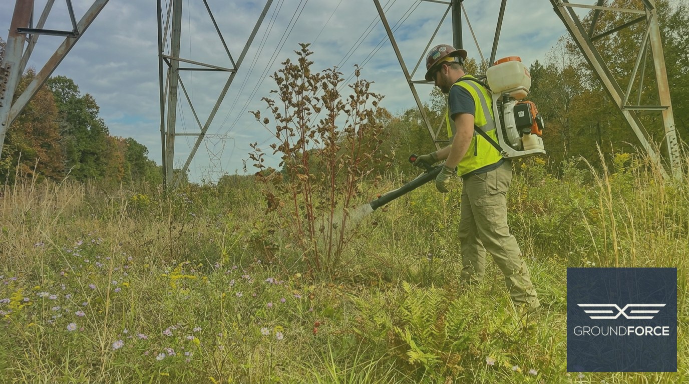 A vegetation management technician applying selective spot treatment to an invasive shrub beneath a transmission line while surrounding native grasses remain undisturbed.
