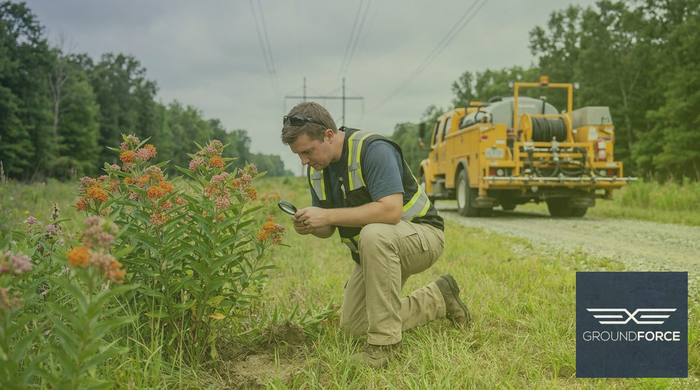 A vegetation management technician scouting a blooming native milkweed stand in a Georgia utility corridor before an herbicide application.