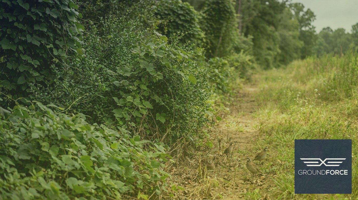 A northern bobwhite quail foraging in a restored low-grow native grass corridor beside a section of dense invasive kudzu in a Georgia right-of-way.