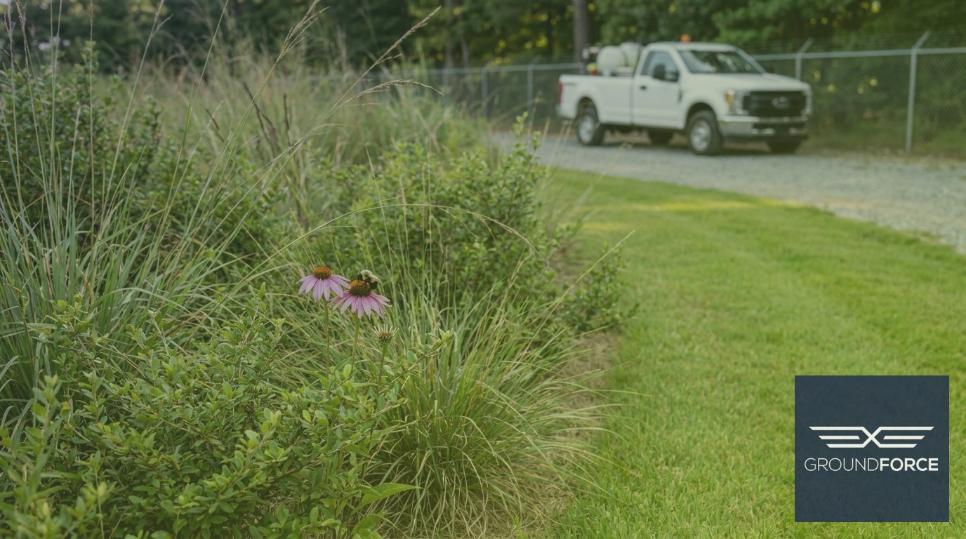 An established native plant habitat zone with blooming coneflowers and a foraging bumblebee bordering a managed commercial property in Georgia.