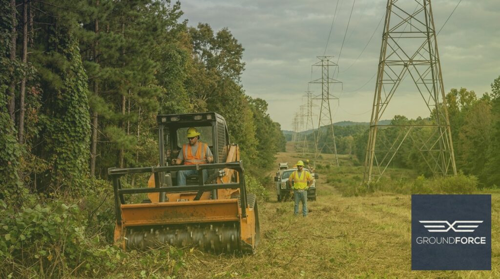 A utility vegetation management crew clearing a transmission line right-of-way corridor through dense Georgia forestland.