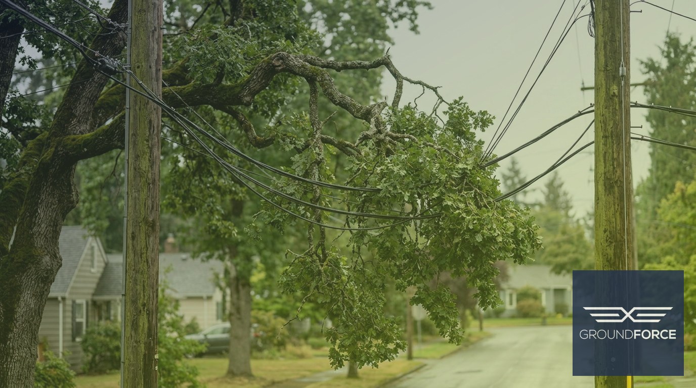 A tree branch making direct contact with an overhead electric distribution line on a residential utility pole corridor.