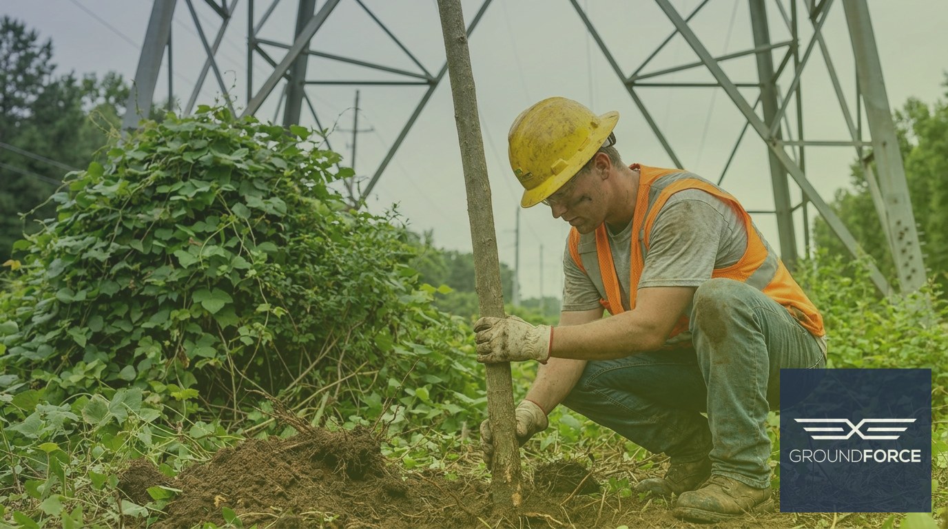 A utility worker examining invasive vegetation and root intrusion beneath high-voltage transmission lines along a right-of-way corridor.