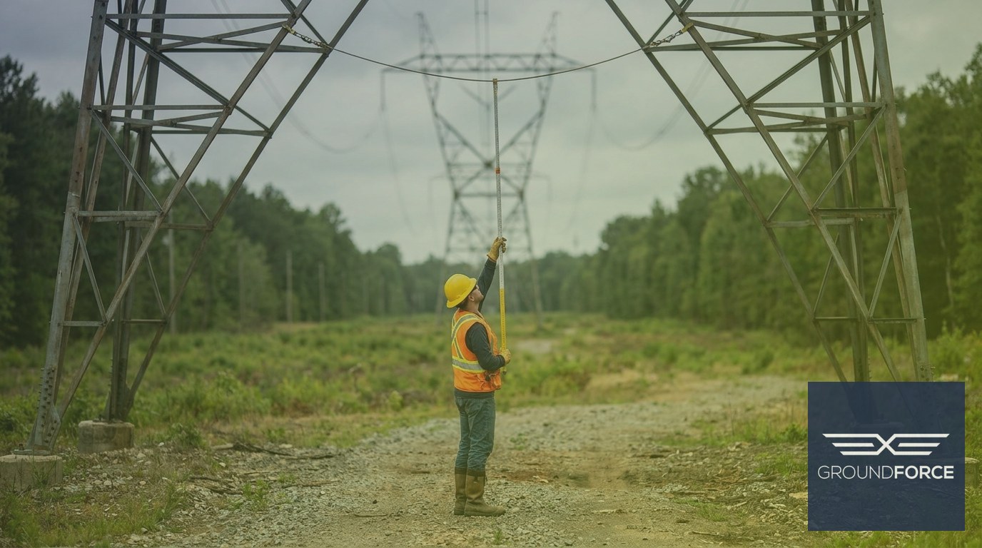 A utility vegetation management inspector measuring conductor clearance distance on an electric transmission right-of-way.