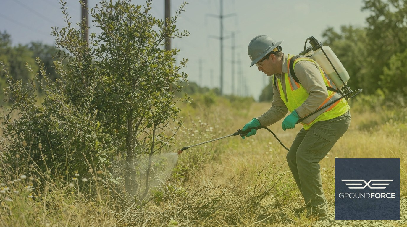 A vegetation management technician applying selective herbicide to a woody shrub stem within a utility right-of-way corridor.