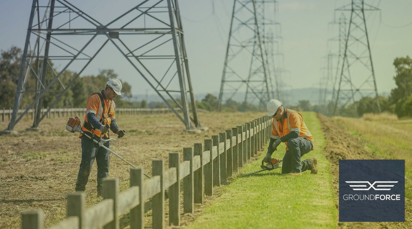 Two utility maintenance workers performing vegetation control in adjacent electric transmission and buried pipeline easement zones within the same corridor.