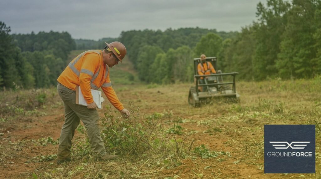 Vegetation management crew inspecting a cleared utility corridor in a rural Georgia landscape.