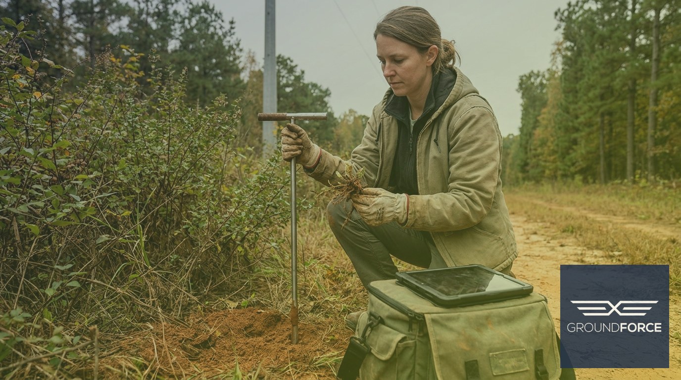 Vegetation specialist examining invasive plant specimens and soil conditions at a right-of-way treatment site.