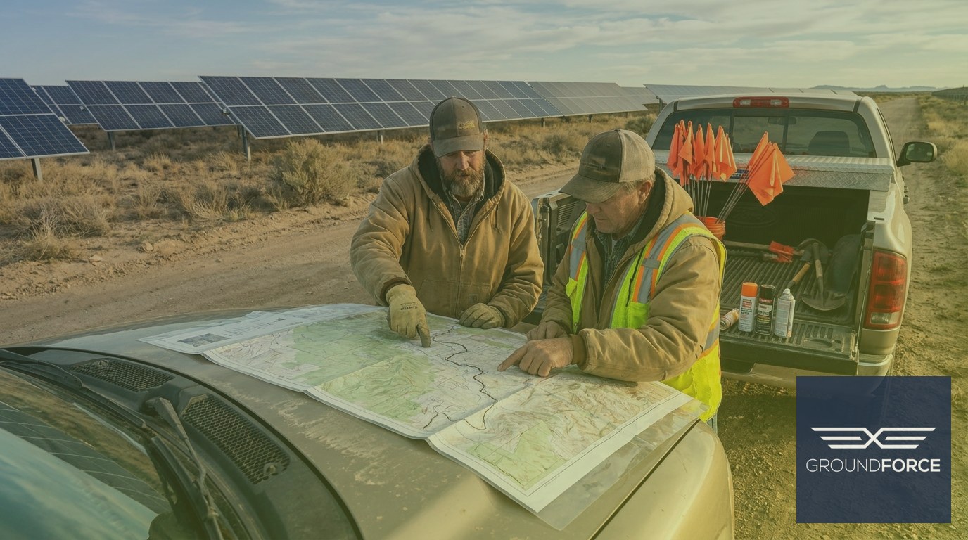 Field technicians reviewing a vegetation zone map on a work truck hood at a Georgia solar farm.