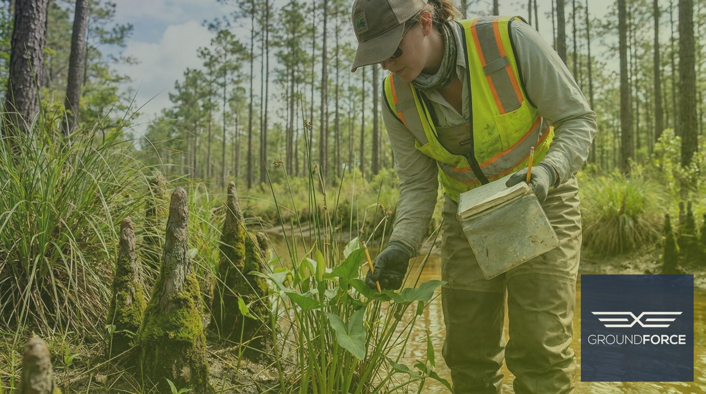 Vegetation management technician assessing wetland plant species in Georgia's Coastal Plain ecosystem.