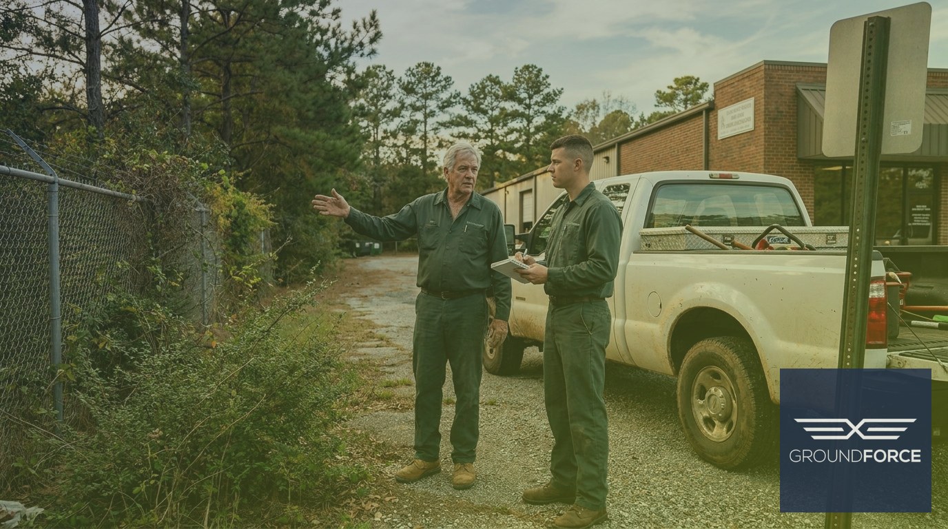 Two family-owned vegetation management company operators discussing a site assessment outside a Georgia commercial property.