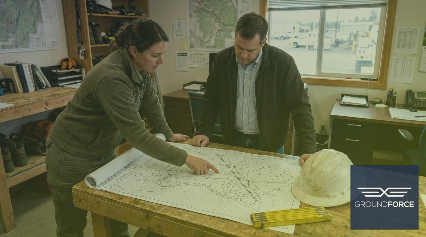 Vegetation management project manager presenting a site treatment plan to a utility client in a field office.