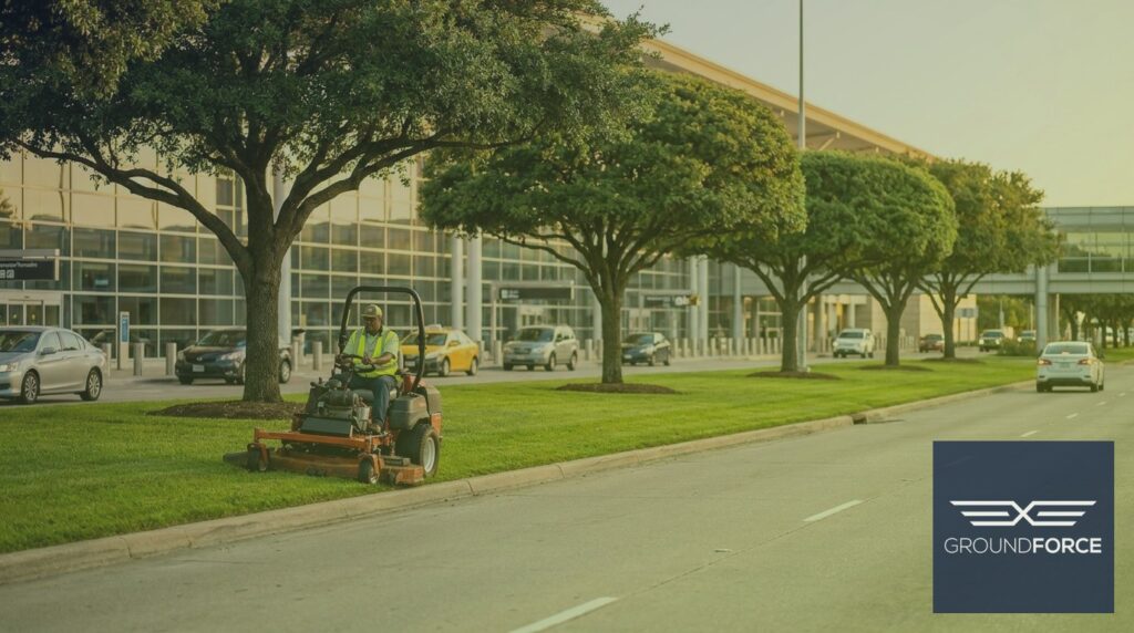 Grounds crew mowing manicured grass medians along a commercial airport terminal access road in Georgia.