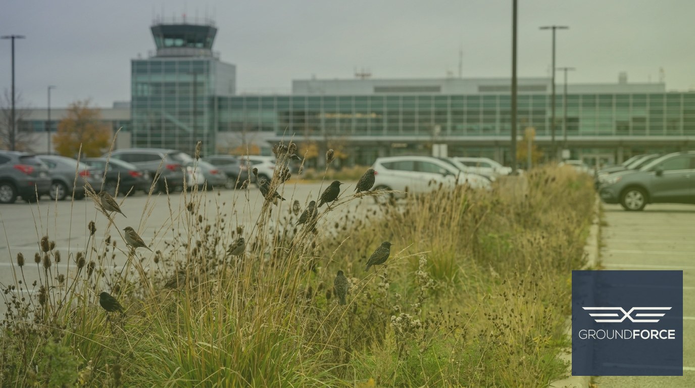 Birds foraging in overgrown grass near an airport parking lot with the terminal building in the background.