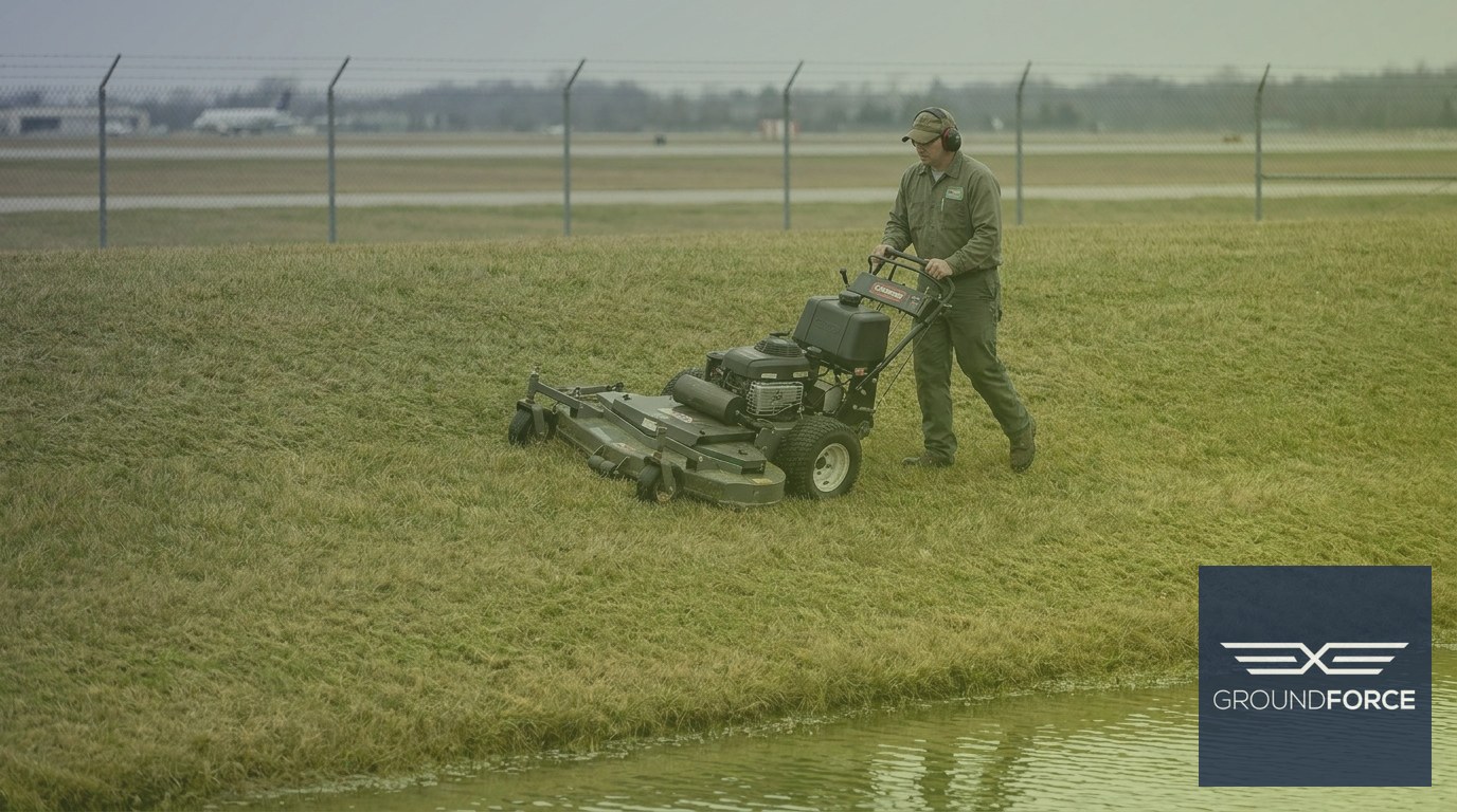 Grounds worker mowing the low-grass buffer along an airport stormwater detention pond bank.