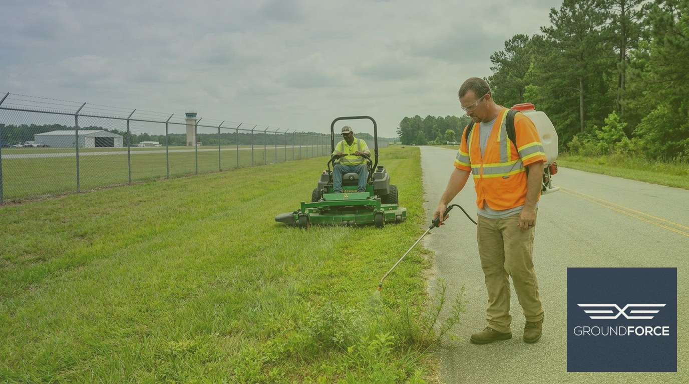 Vegetation management crew mowing and applying targeted herbicide along a Georgia airport access road.