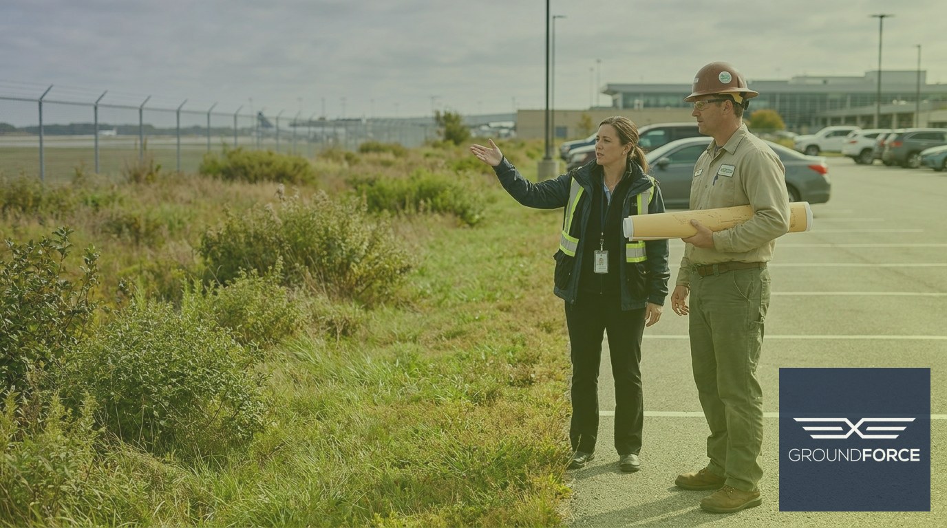 Airport operations manager and vegetation management contractor reviewing grounds zones in a parking lot.