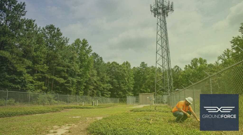 Vegetation management crew member inspecting cleared perimeter around a Georgia telecom tower site.