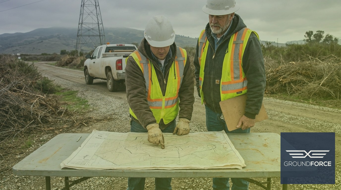 Two vegetation management workers coordinating a multi-site tower portfolio plan at an outdoor field table.