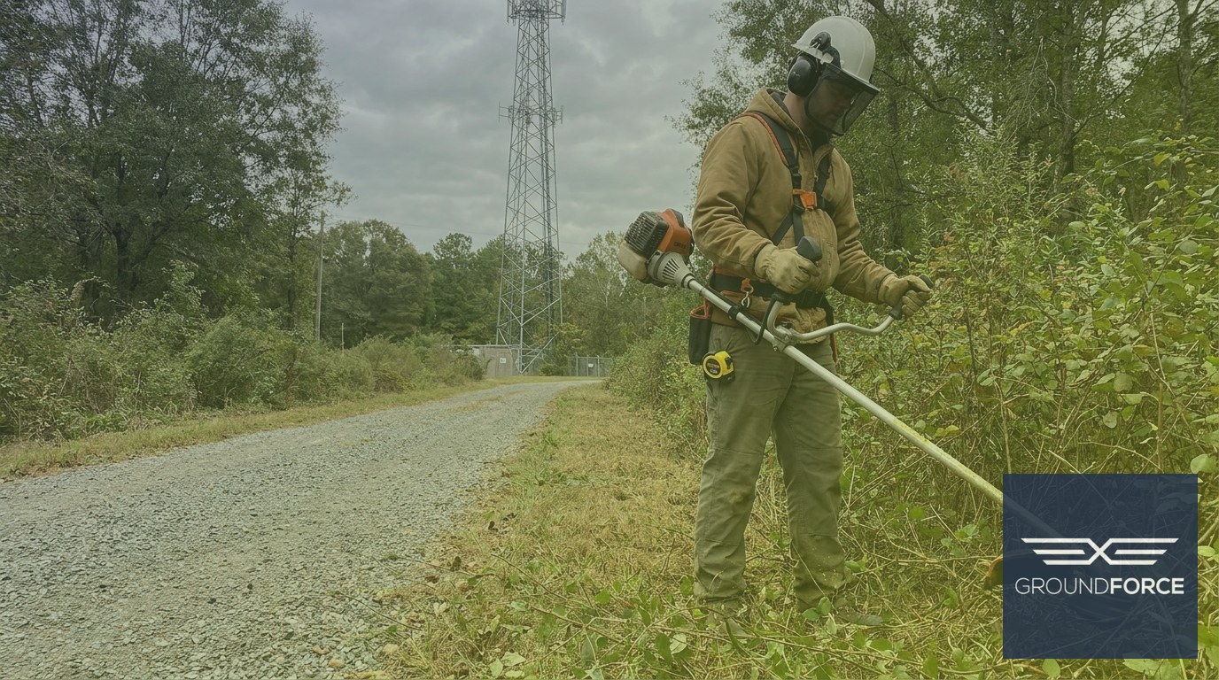 Vegetation management worker cutting a standardized clearance corridor along a telecom tower access road in Georgia.