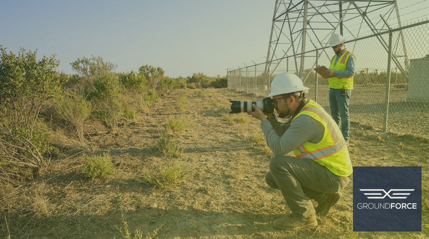 Technician photographing cleared vegetation at a Georgia tower compound as part of a site documentation process.