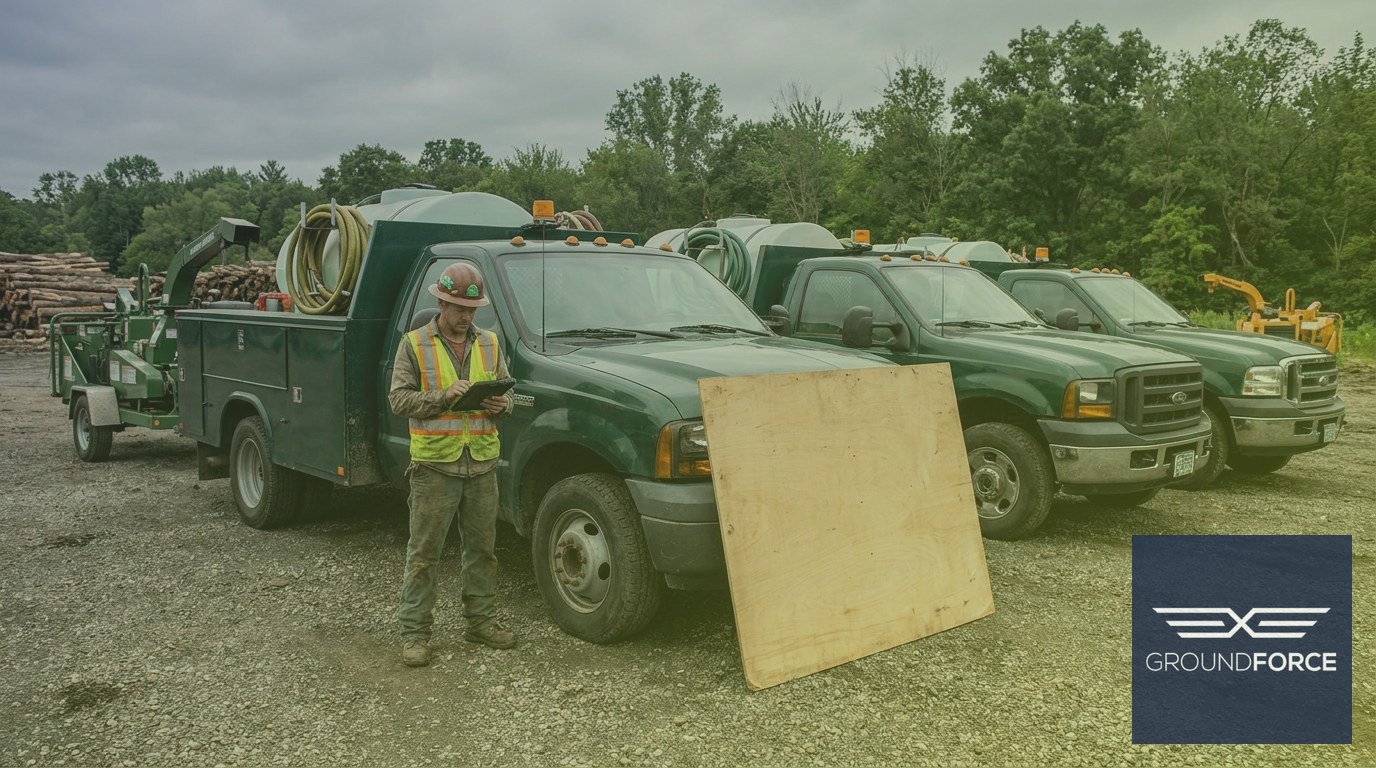 Fleet of vegetation management trucks staged and loaded for a multi-site telecom tower service run.