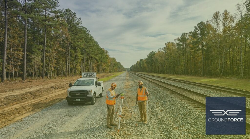 Vegetation management crew surveying a maintained railroad right-of-way corridor in Georgia.
