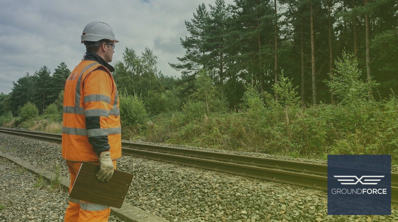 Safety-vested worker inspecting vegetation zone boundaries along an active Georgia rail corridor.
