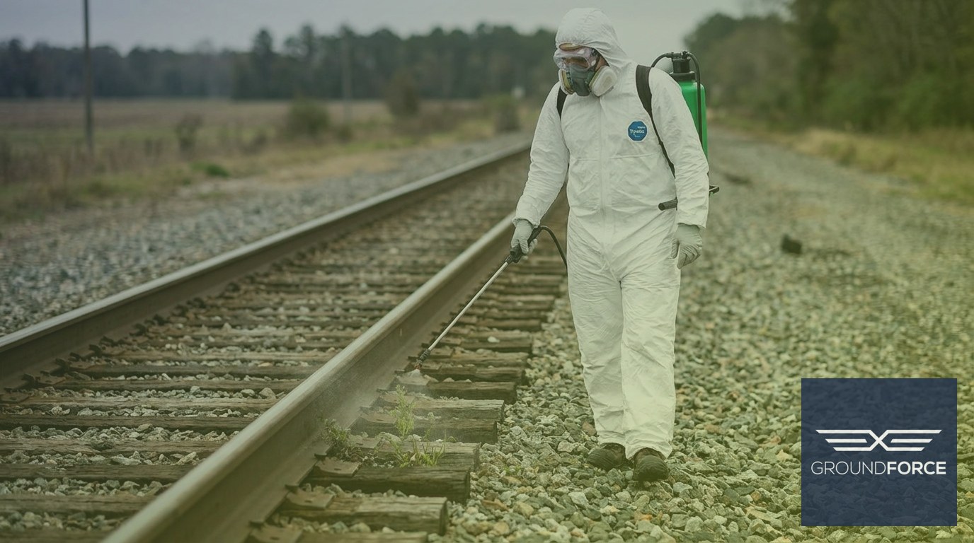 Herbicide technician applying treatment to railroad ballast zone vegetation between active track ties.