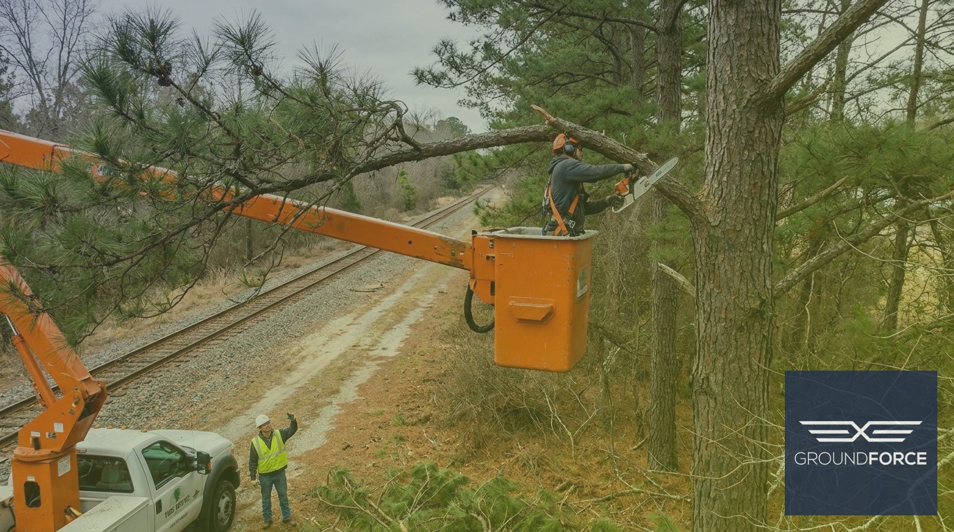 Arborist in aerial lift trimming an overhanging loblolly pine along a Georgia railroad corridor.