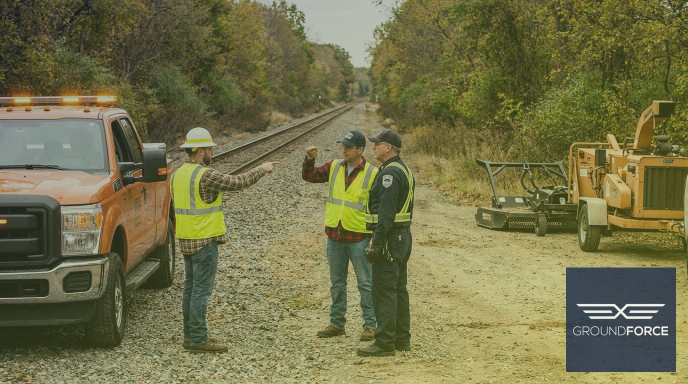 Vegetation crew foreman coordinating with a railroad flagman before entering an active track work zone.
