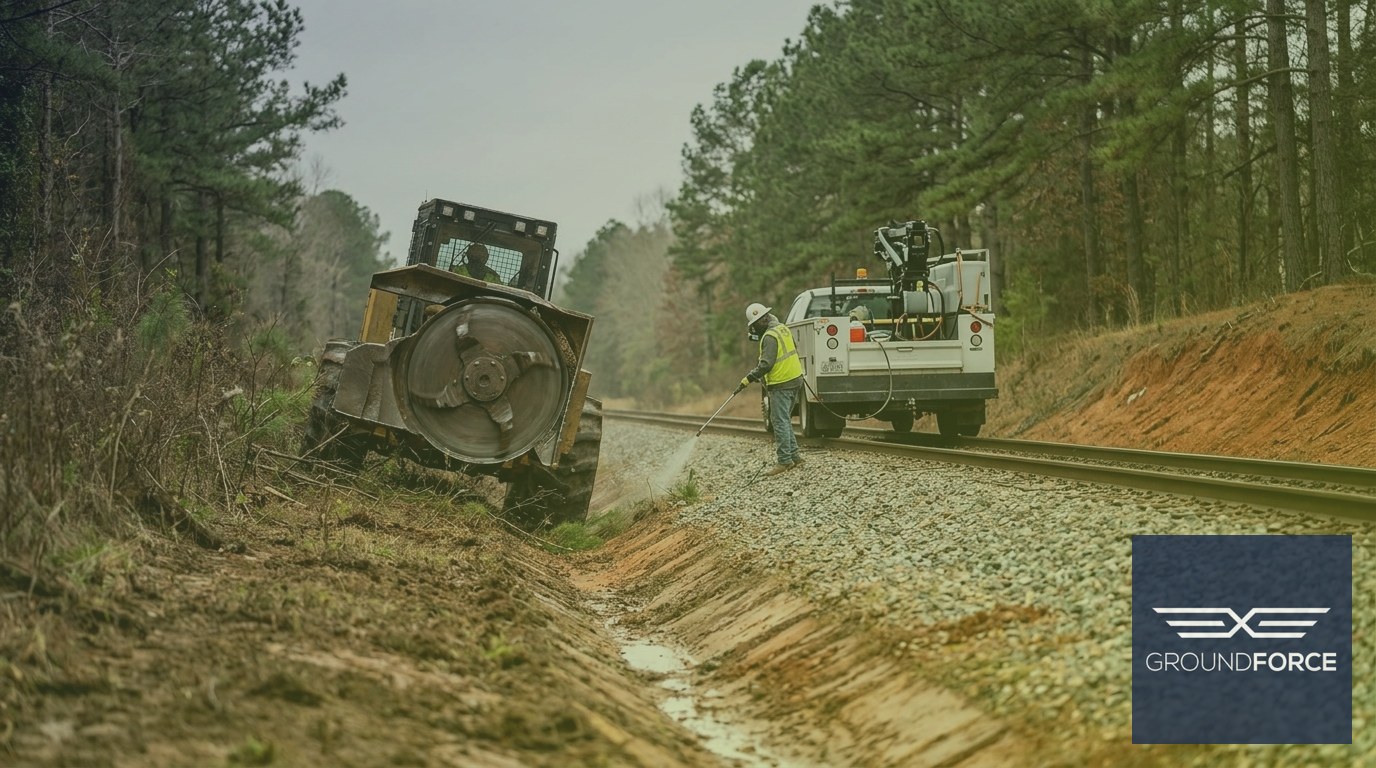 Vegetation management crew performing simultaneous mowing and herbicide treatment along a Georgia rail corridor.