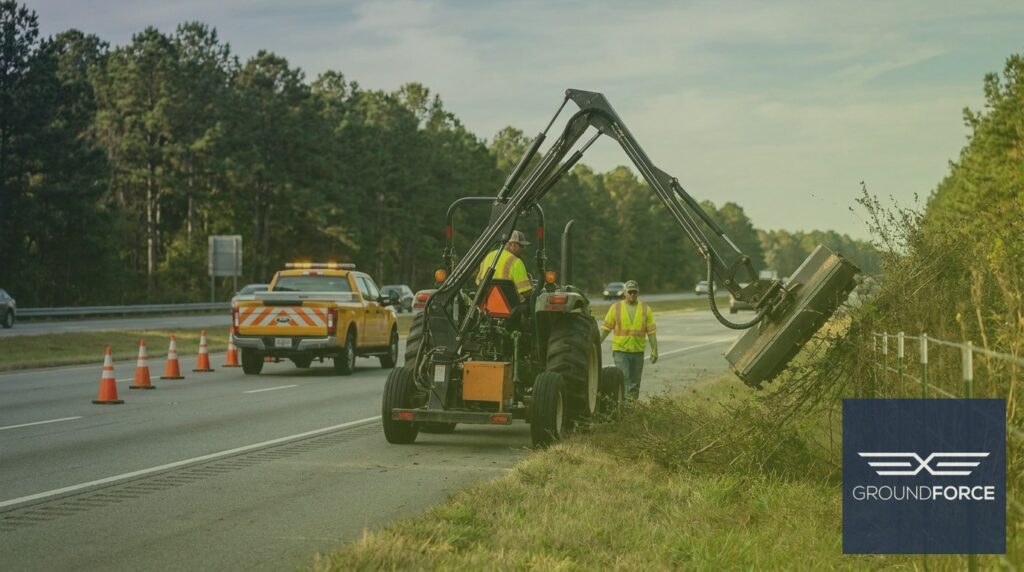 Roadside right-of-way vegetation management crew mowing highway corridor along a Georgia interstate.