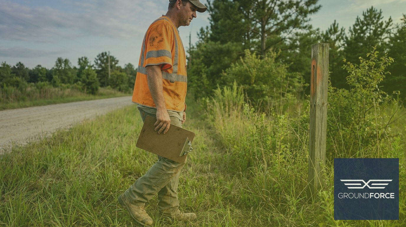 Vegetation management technician surveying the roadside right-of-way corridor along a rural Georgia road.