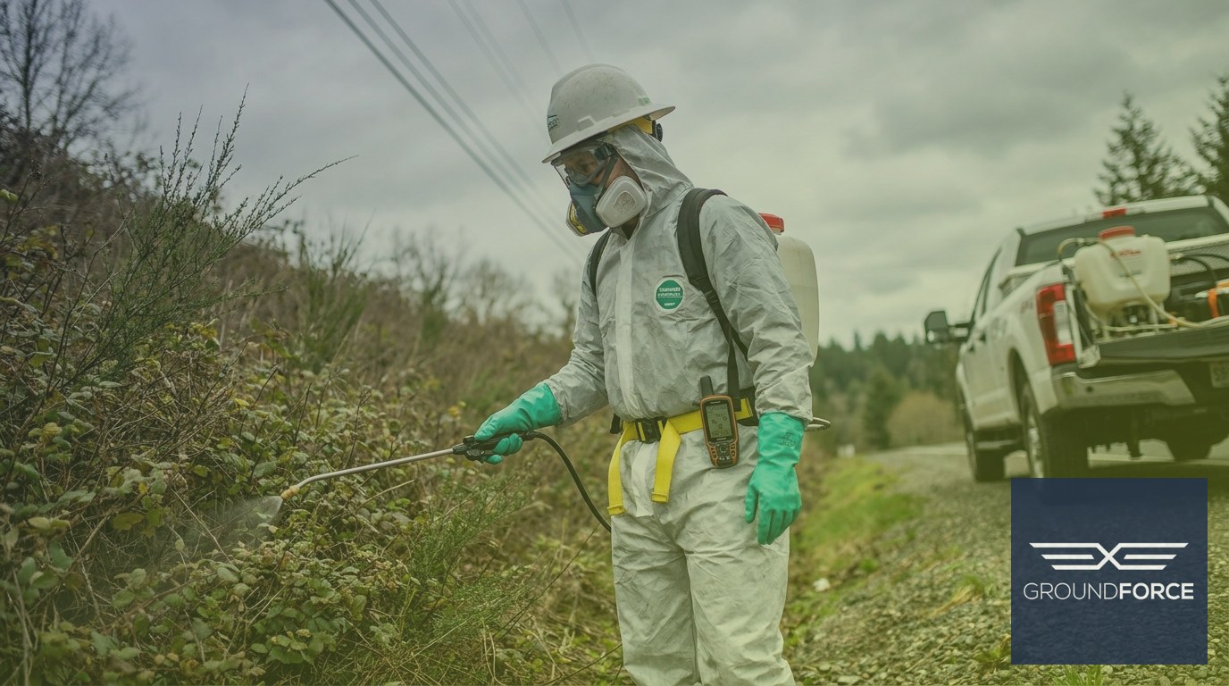 Licensed herbicide applicator treating roadside vegetation on a Georgia highway slope using a backpack sprayer.